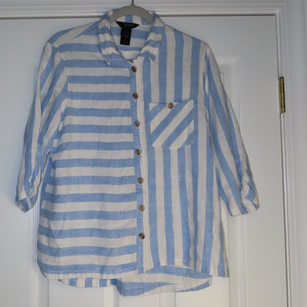 Ali Miles Linen Blend Nautical Button Up Top Ruched Sleeve Detail Blue White PL